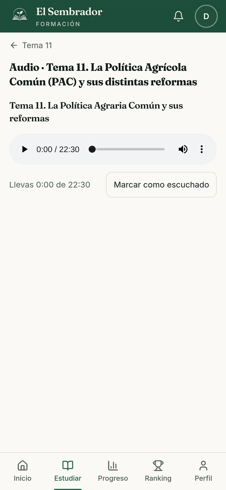 El reproductor del audio de un tema
